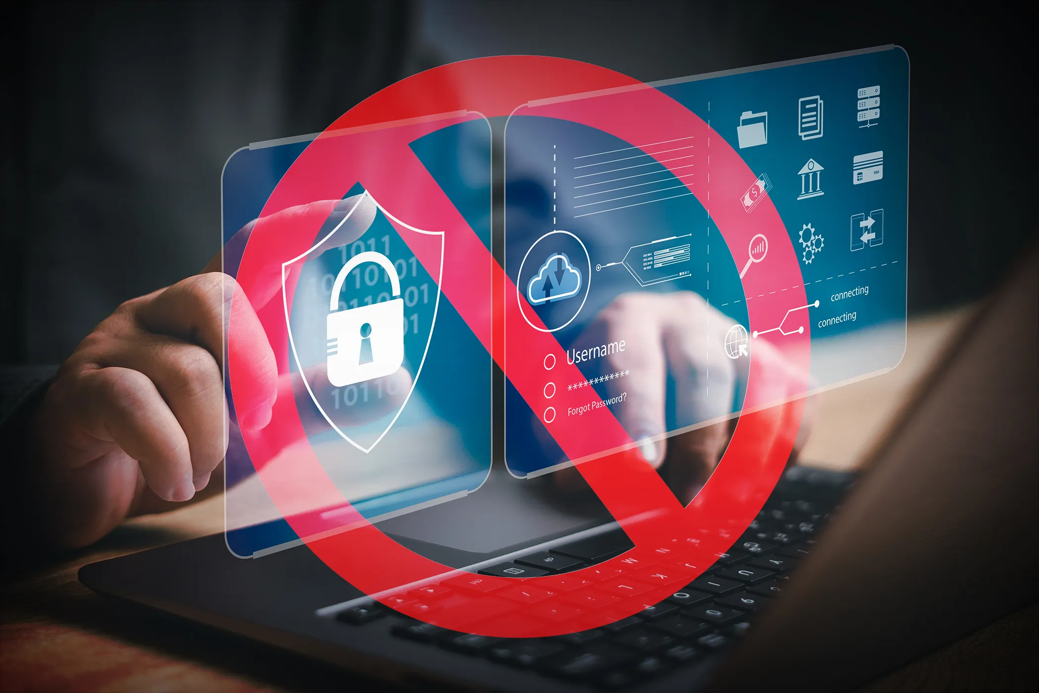 Hands typing on a laptop with a red prohibition sign over security icons, indicating a restriction on digital access.