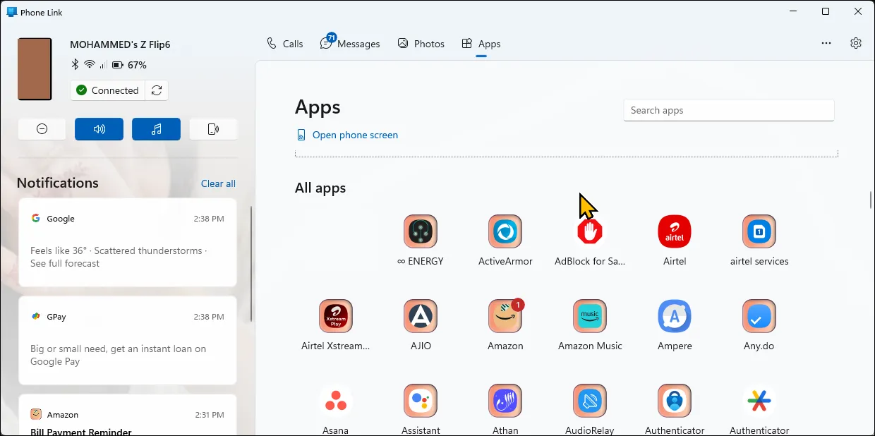 Phone Link main interface on Windows 11