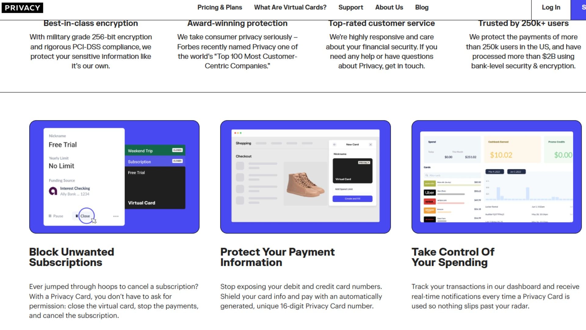 Privacy.com website breaking down the benefits of disposable cards.