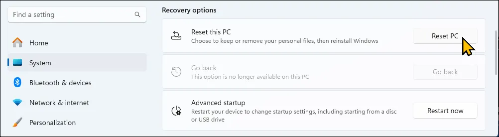 خيار إعادة ضبط هذا الكمبيوتر في تطبيق الإعدادات على Windows 11