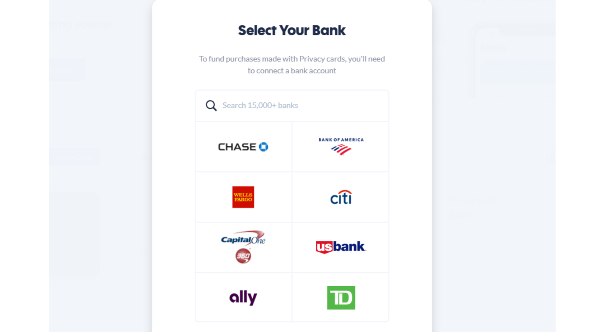 Selecting a bank account on Privacy.com