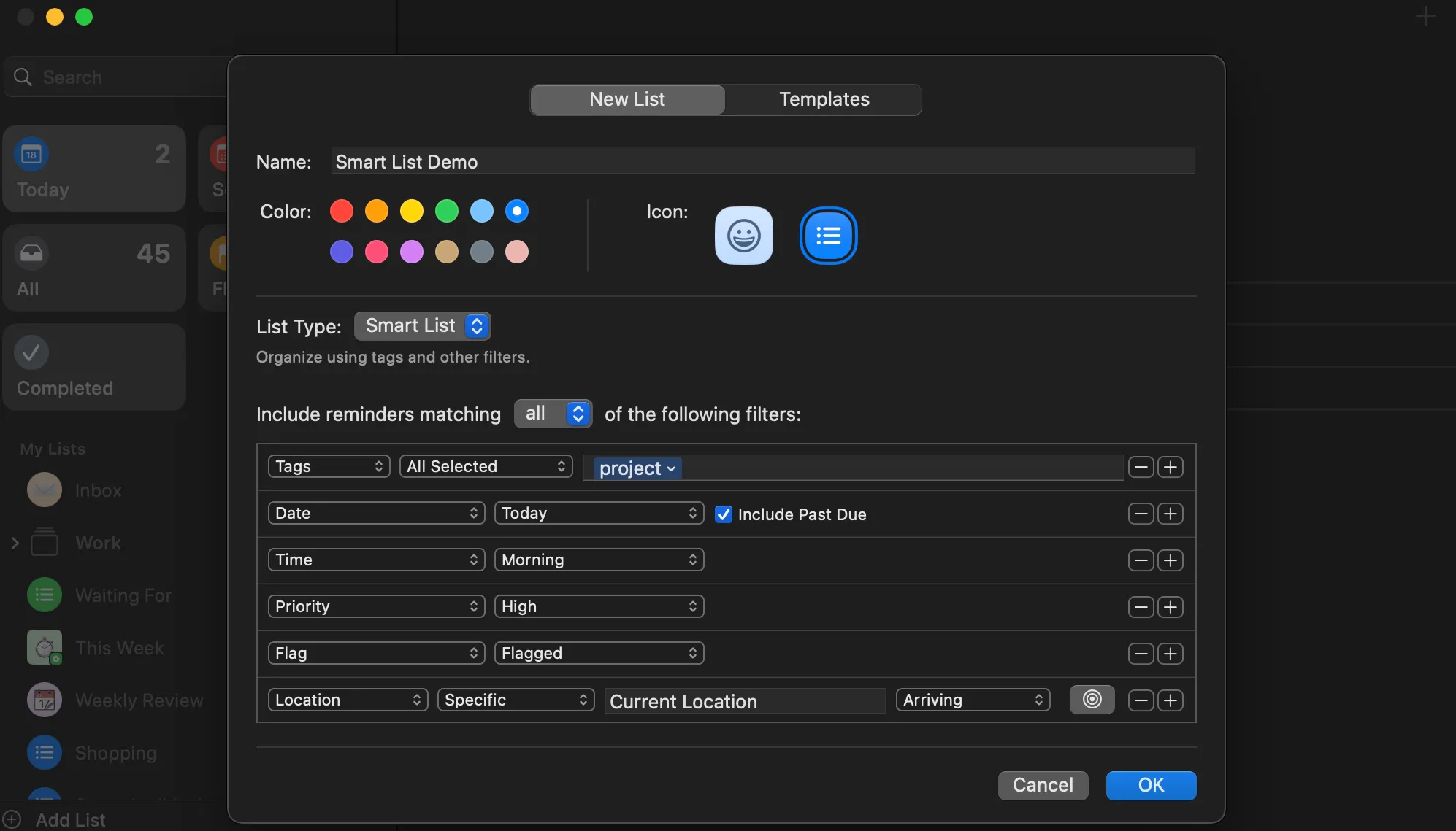 A Smart List in Reminders showing various filters