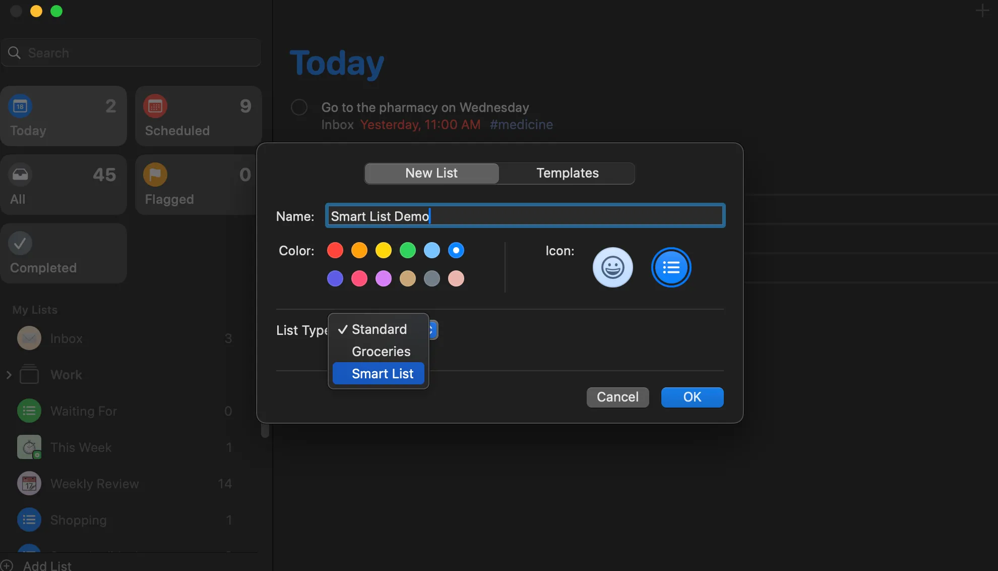 نافذة القائمة الذكية في تطبيق التذكيرات