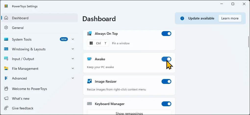 The dashboard tab on PowerToys Settings dialog