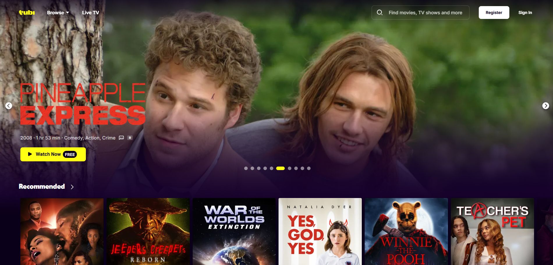 The homepage of Tubi