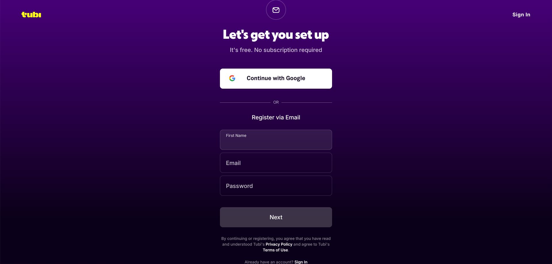 The sign-up page for Tubi