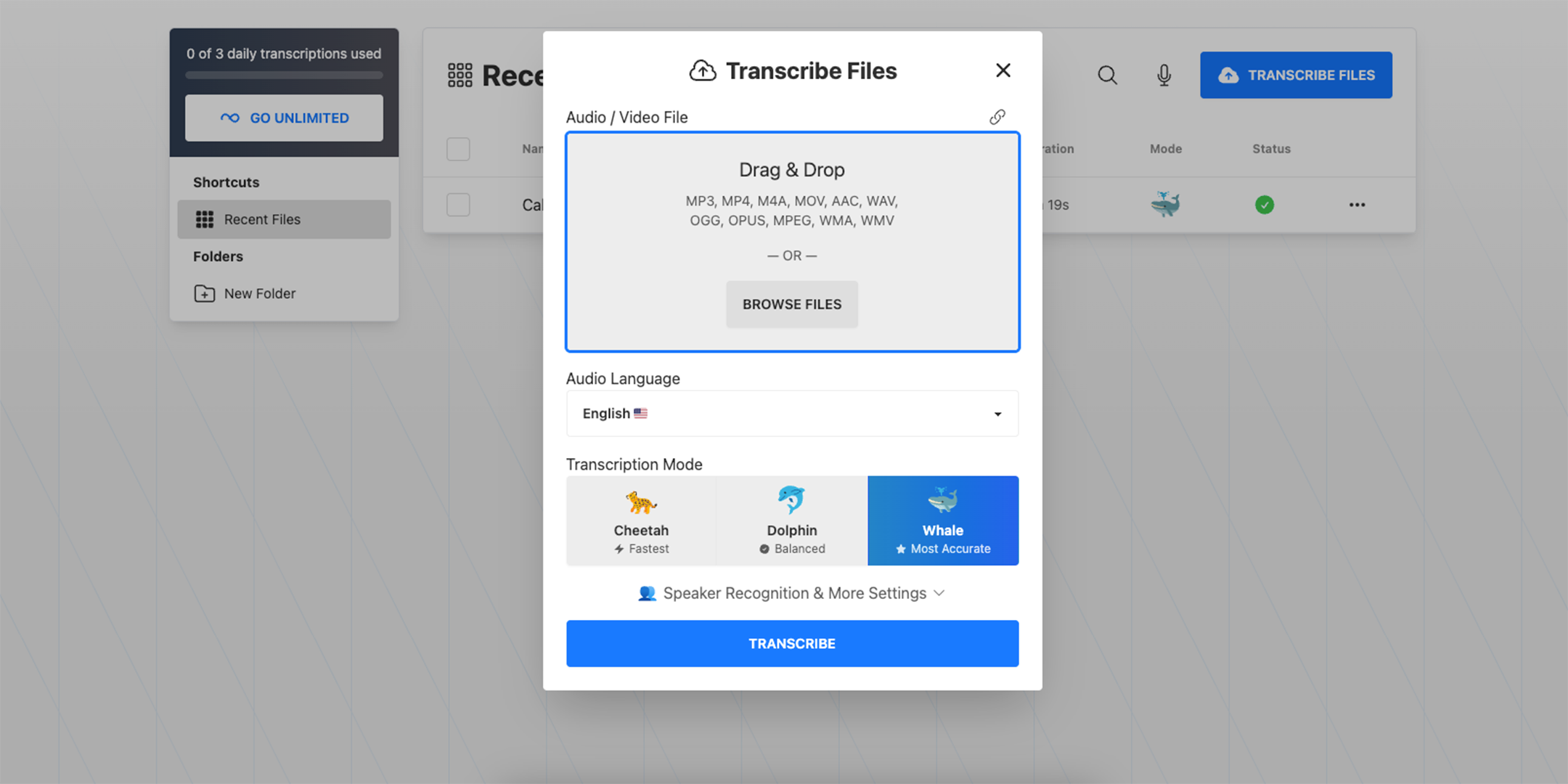 Turboscribe Dashboard with transcription options