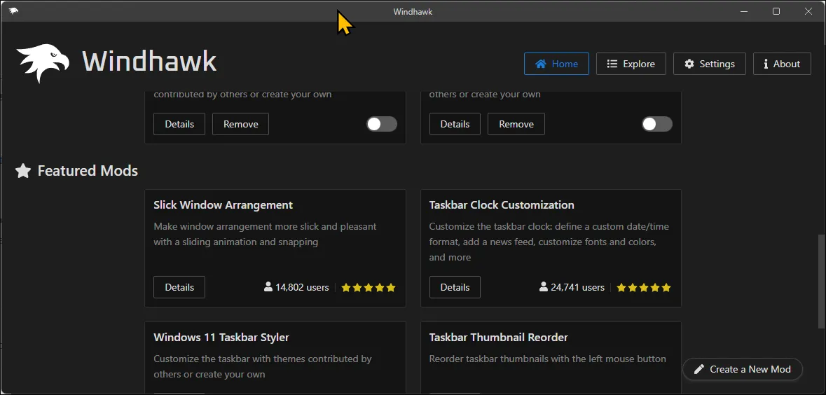 Windhawk Home interface running on Windows 11