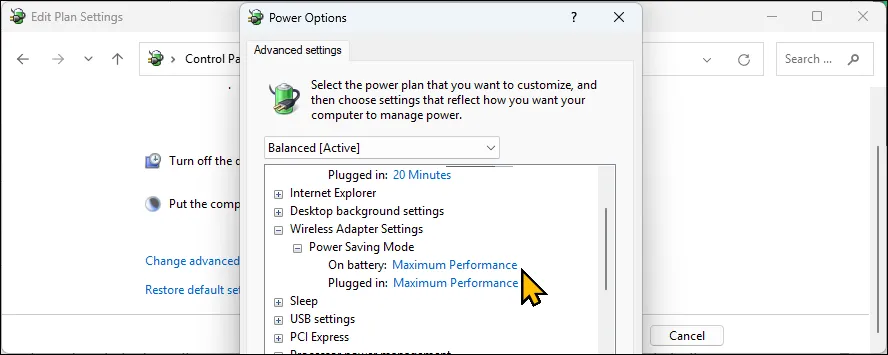 خيار إعدادات محول الشبكة اللاسلكية ضمن خيارات الطاقة في Windows 11