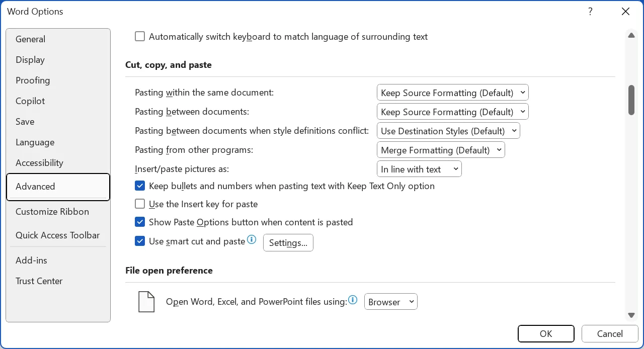 Configure options for paste scenarios in Word