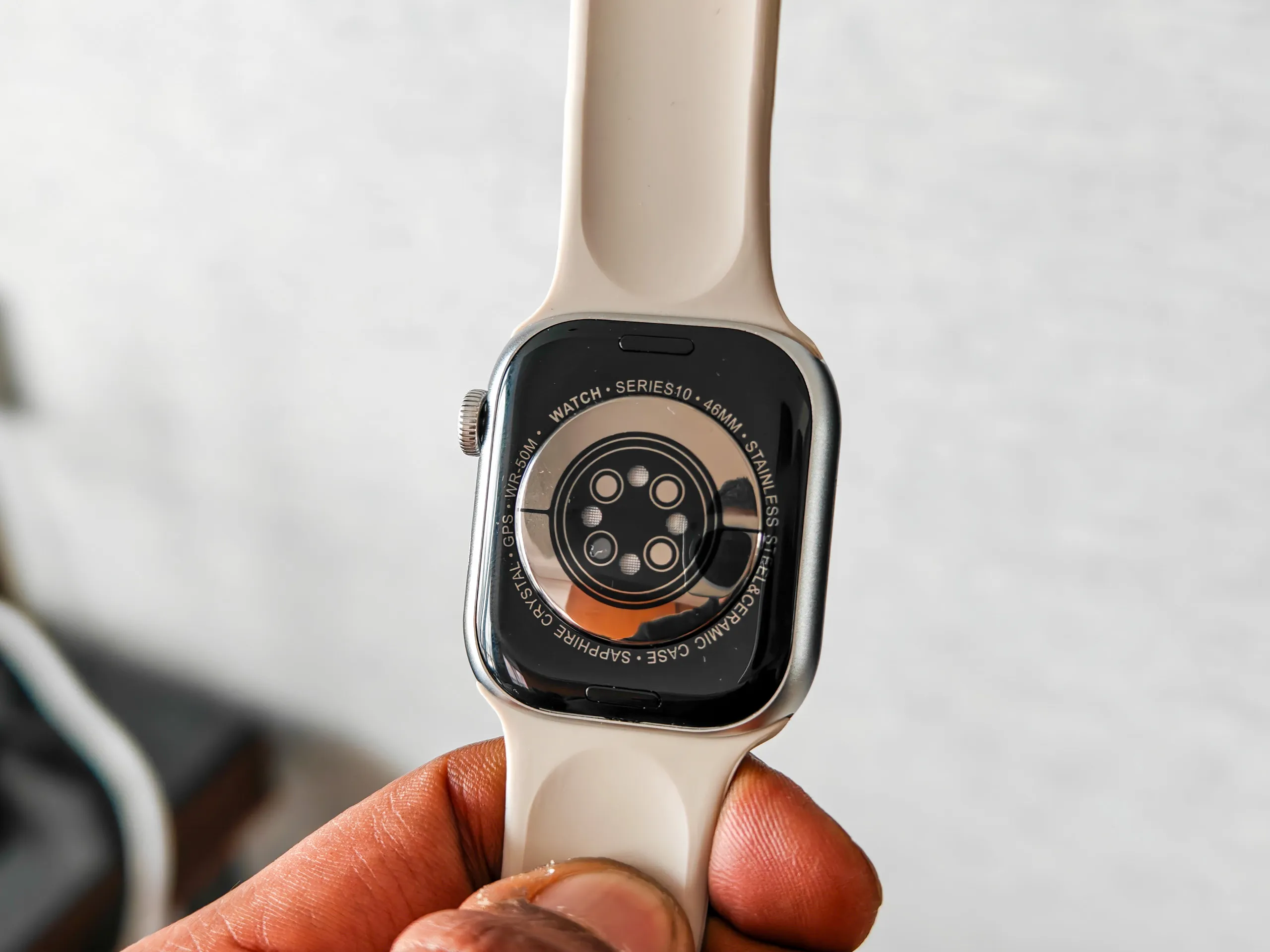 Heart rate sensor on a Apple Watch Series 10 copycat product