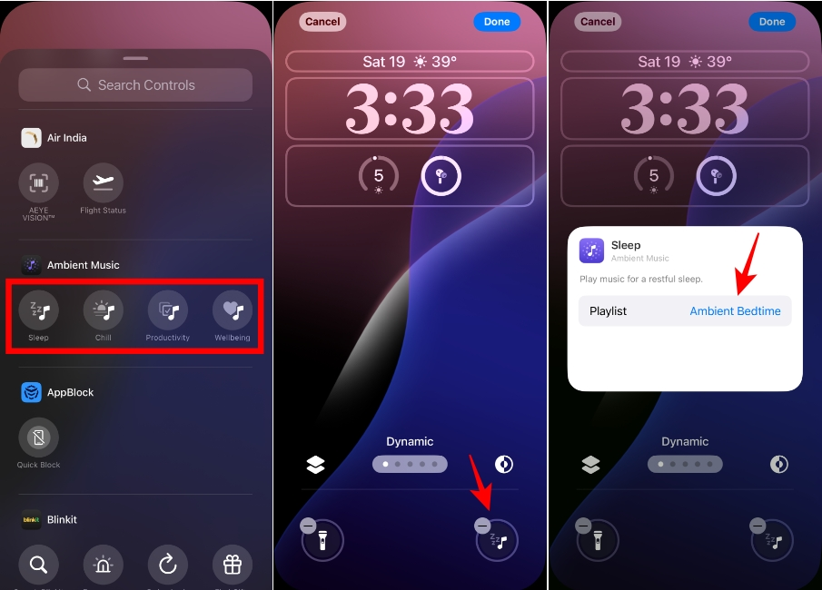 إضافة عنصر تحكم الموسيقى المحيطة إلى شاشة القفل