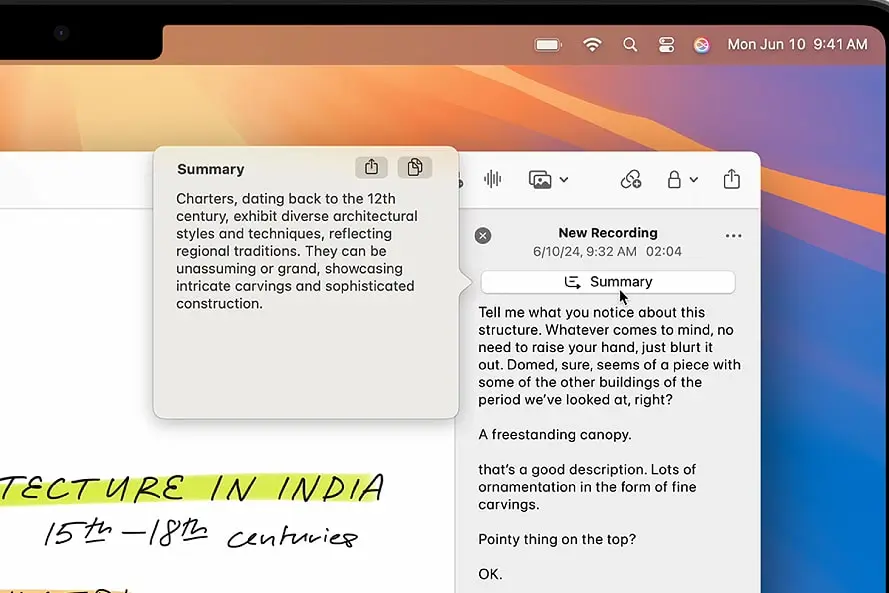 تُستخدم Apple Intelligence لتلخيص الصوت في تطبيق Notes في نظام macOS Sequoia.