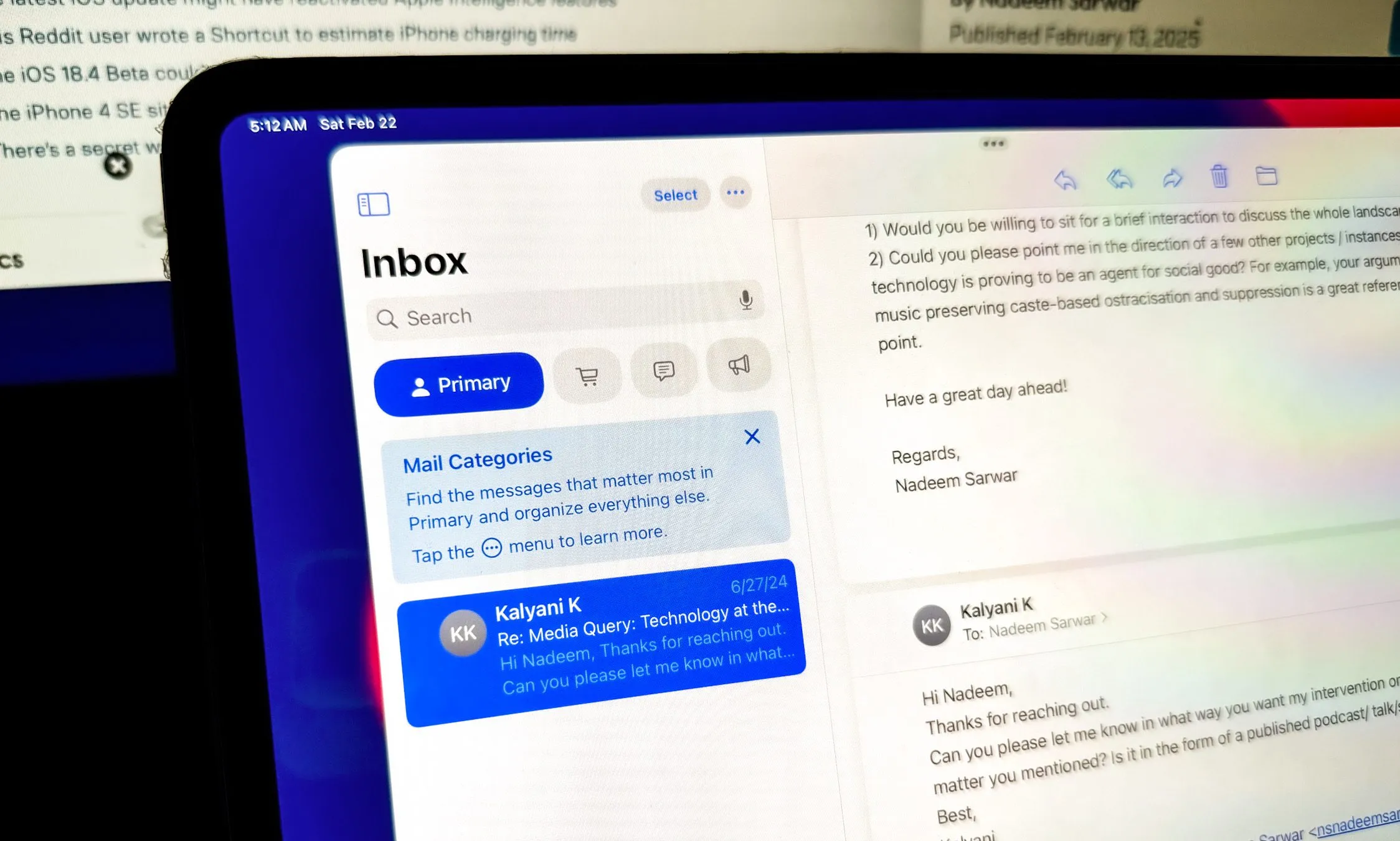 Categories in Apple Mail app for iPad and Mac.
