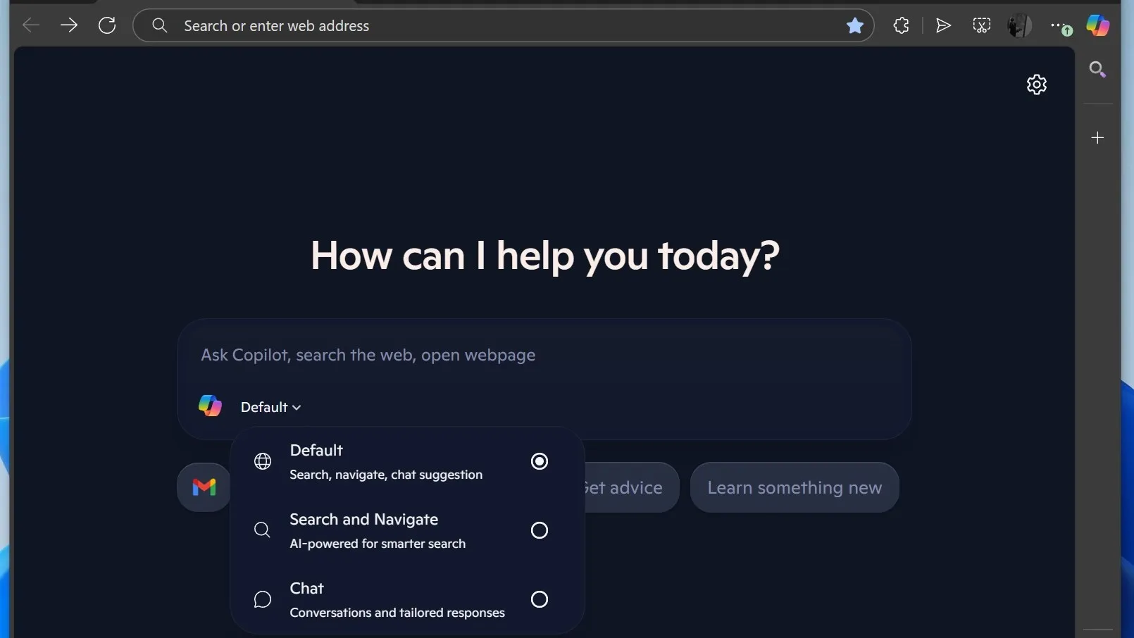 The Default, Search and Navigate, and Chat option for the Copilot button on Edge Canary.
