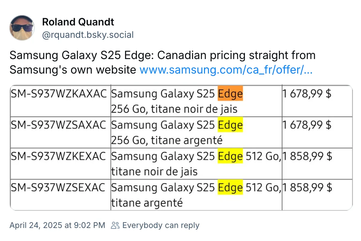 Samsung Galaxy S25 Edge pricing leaked.