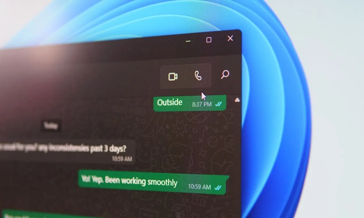 صورة لواجهة واتساب على نظام ويندوز مع أيقونات المكالمات الصوتية والمرئية