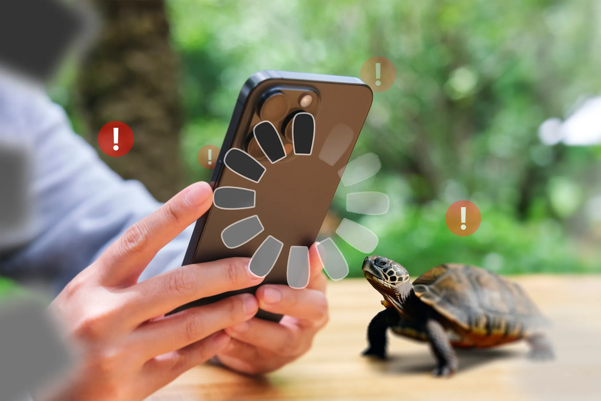 A person holding an iPhone with a loading icon and a turtle next to it, with some warning signs around.