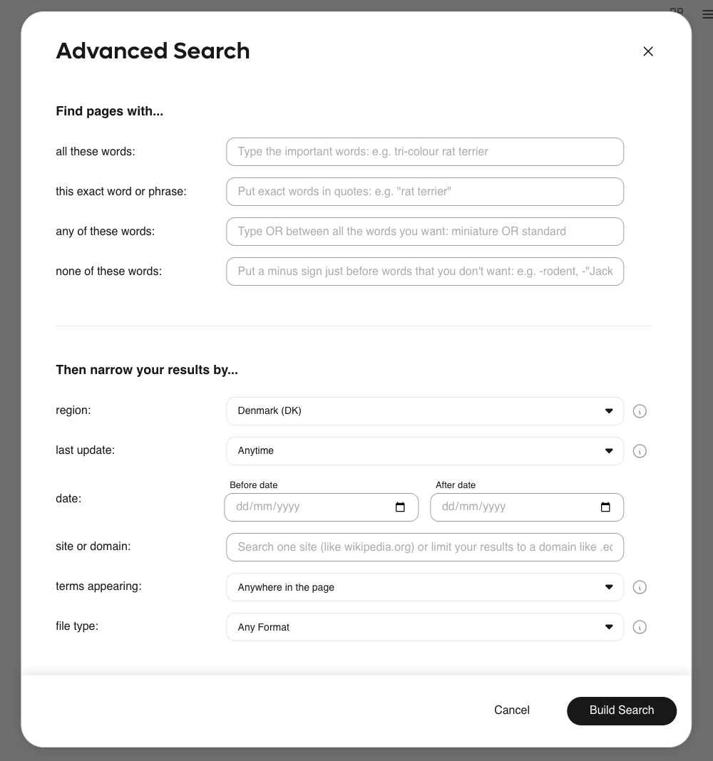 Advanced search menu on Kagi.