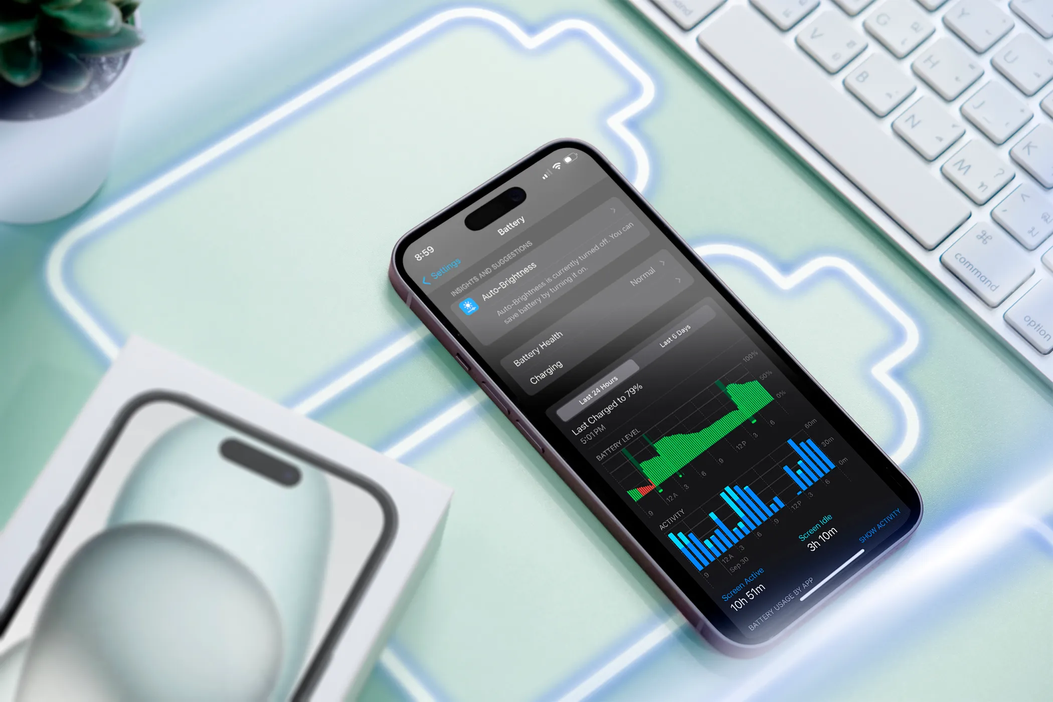 هاتف iPhone على سطح مع بعض رموز البطارية والشاشة تعرض استخدام البطارية.