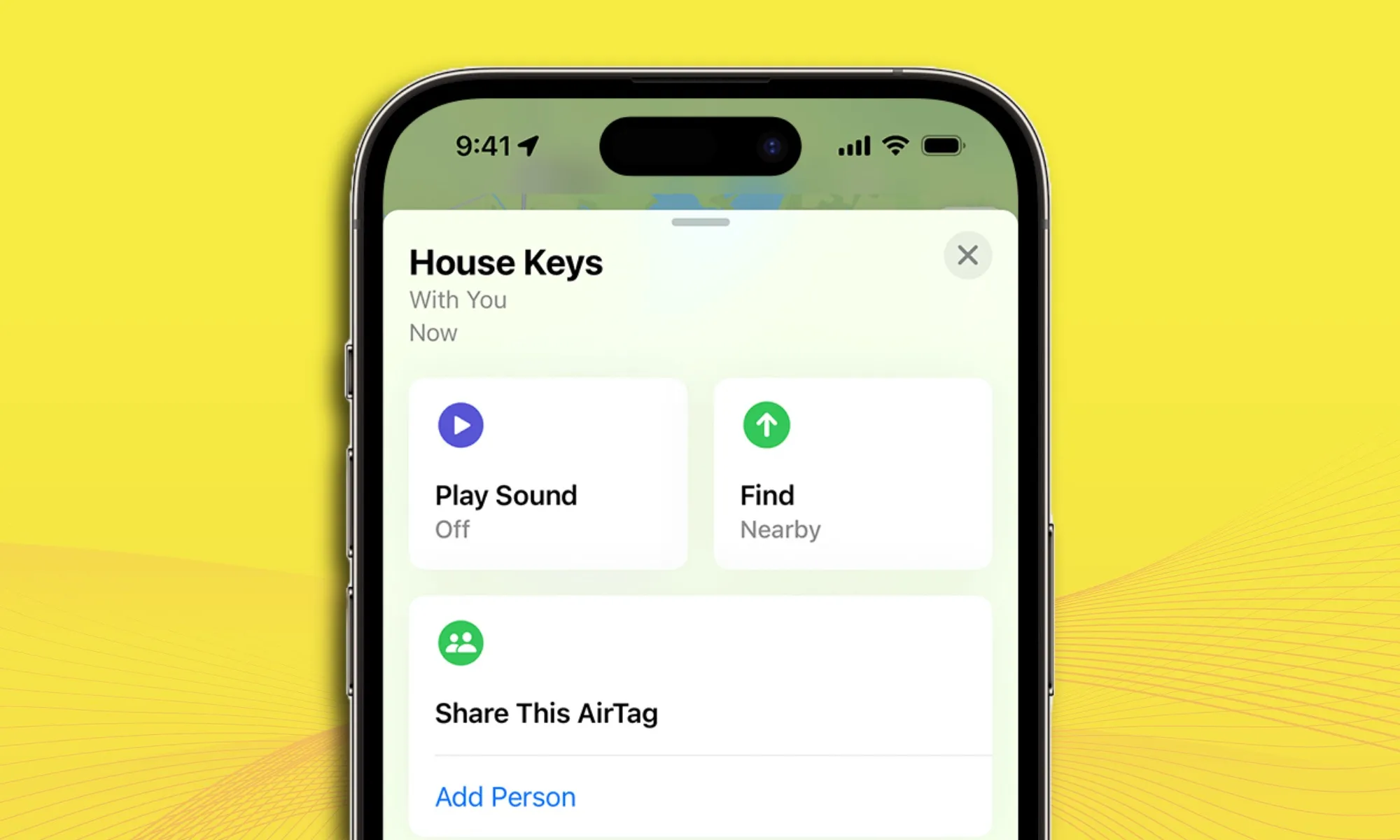 Apple Find My network for finding lost objects running on an iPhone.
