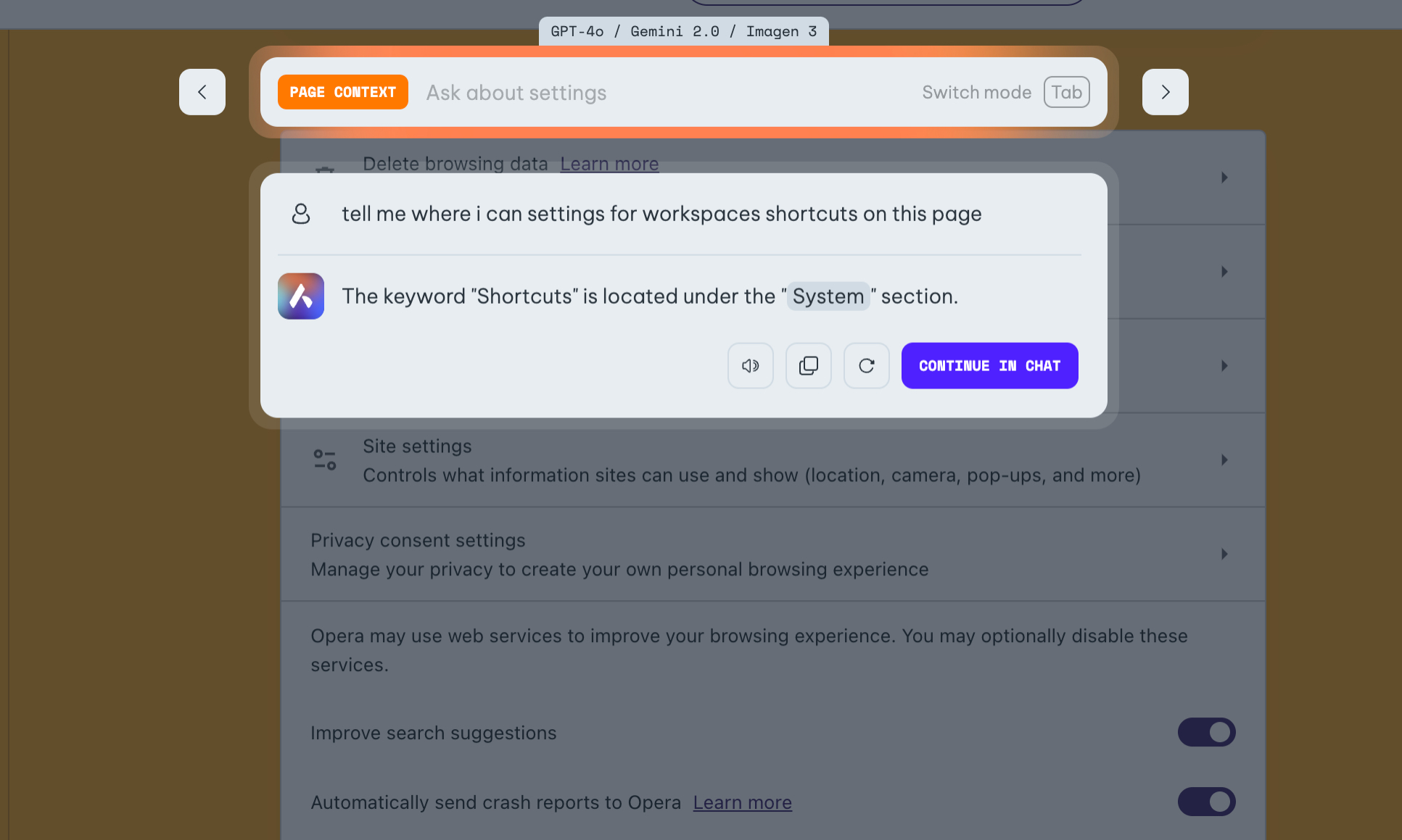 Aria interaction in Opera browser.