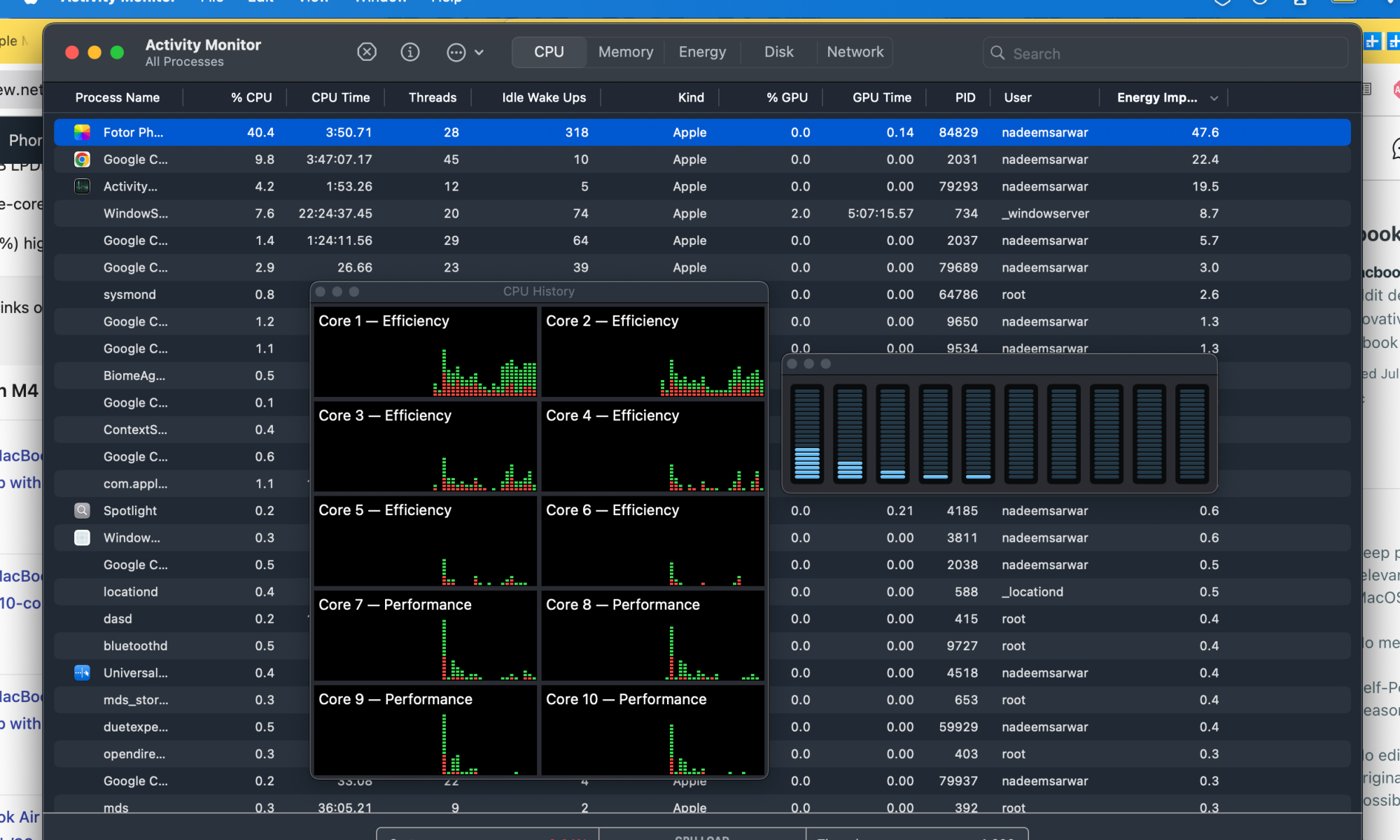 نشاط النواة في Chrome على نظام Mac.