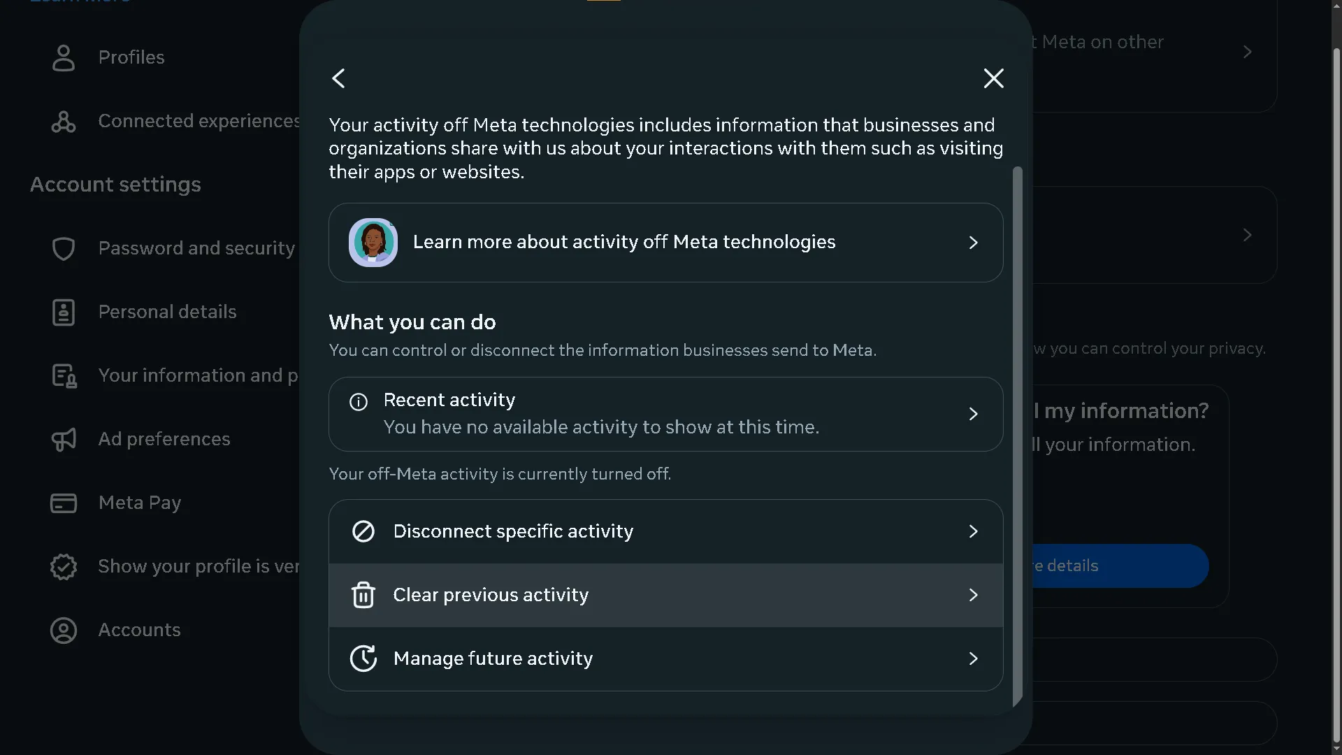 Clearing recent activity from Facebook's Ad preferences menu