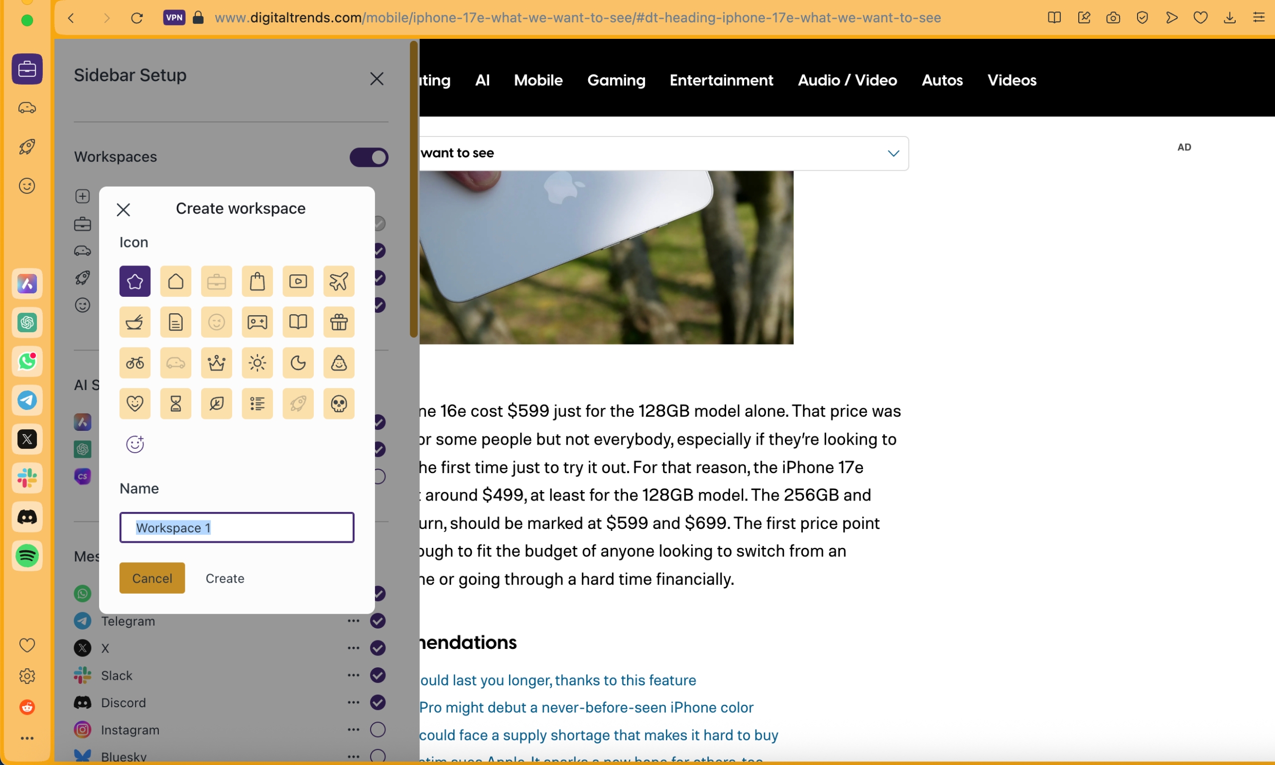 Workspaces in Opera browser.