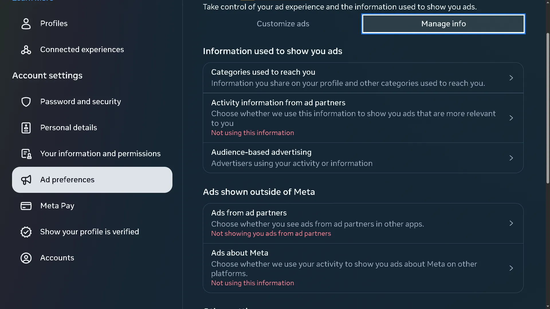 Disabling ads shown outside of Meta and information used to show ads in Facebook's Ad preferences menu