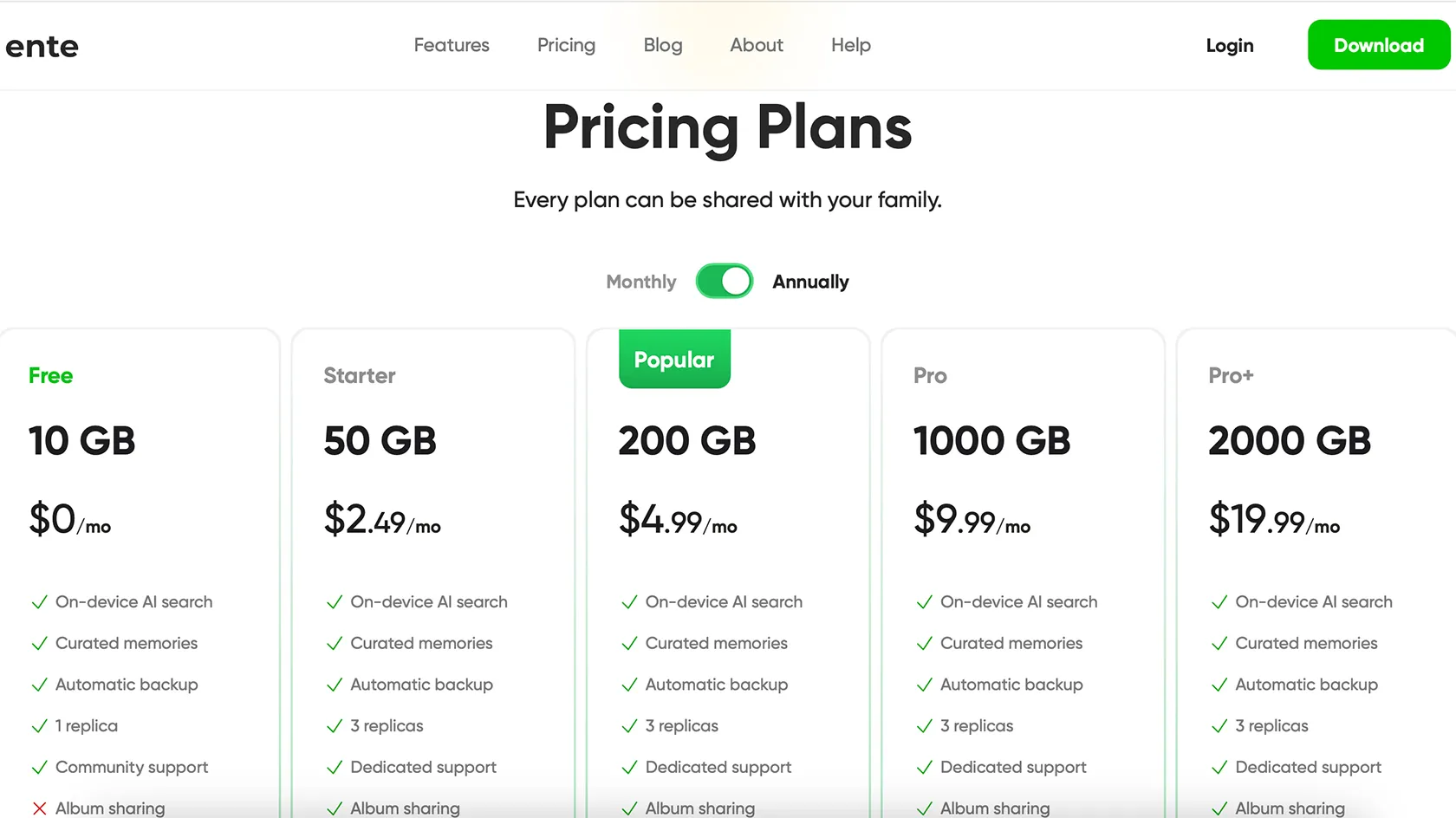 Ente Photos pricing plans
