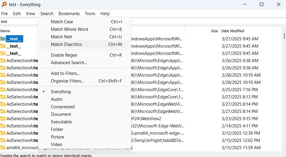 Everything app showing search results