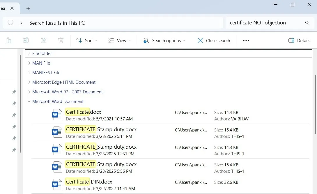 البحث في مستكشف الملفات باستخدام عامل NOT على Windows