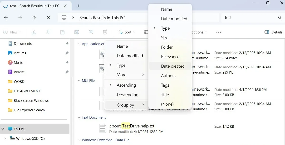 صورة لمستكشف الملفات في نظام Windows تعرض خيارات التجميع حسب