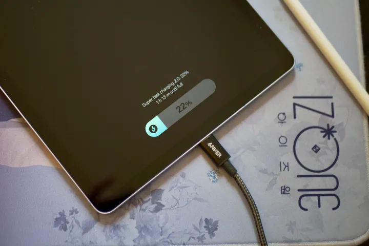 The Samsung Galaxy Tab S10 FE on charge.