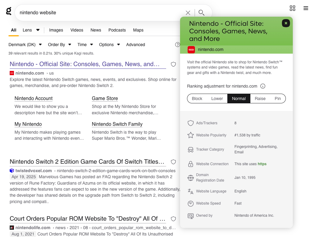 Screenshot showing personalization features on Kagi.