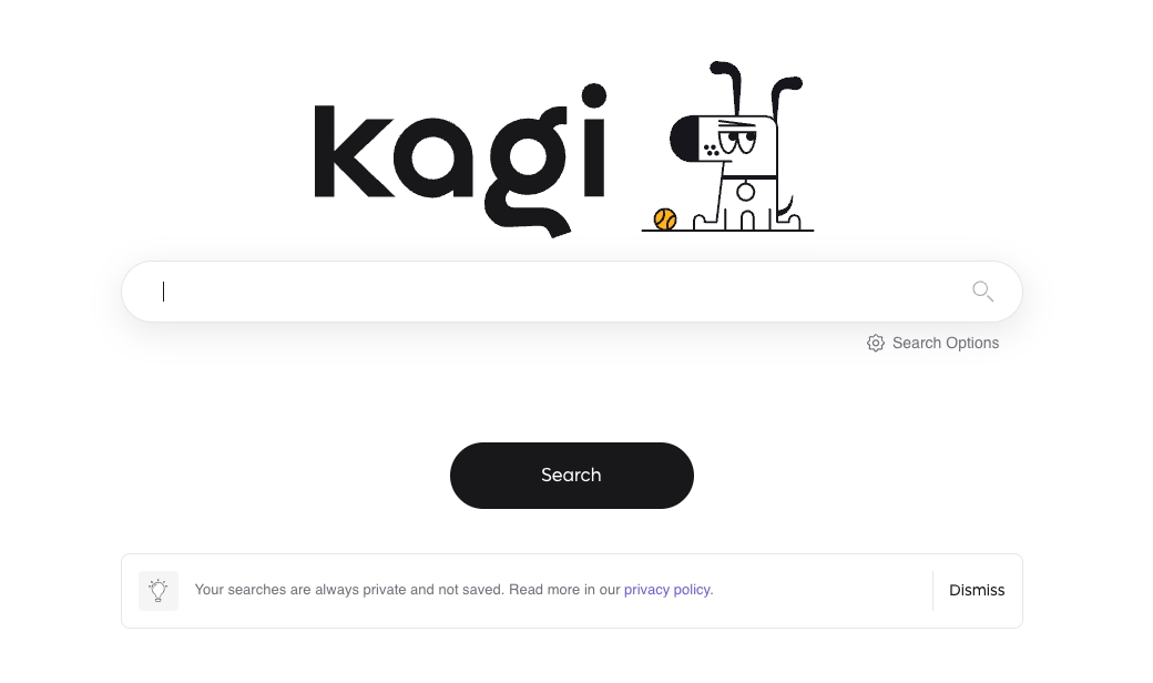 Popup showing Kagi privacy policy.