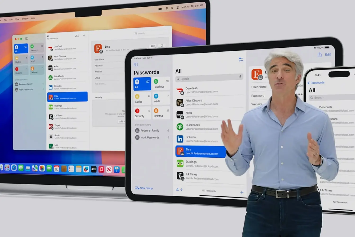 كريج فيديريغي من Apple يقدم تطبيق Passwords في نظام macOS Sequoia في مؤتمر المطورين العالميين (WWDC) 2024.