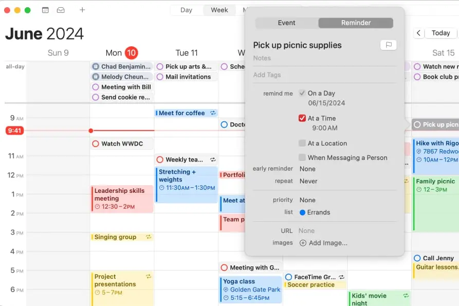 إضافة تذكير في تطبيق التقويم في نظام macOS Sequoia.