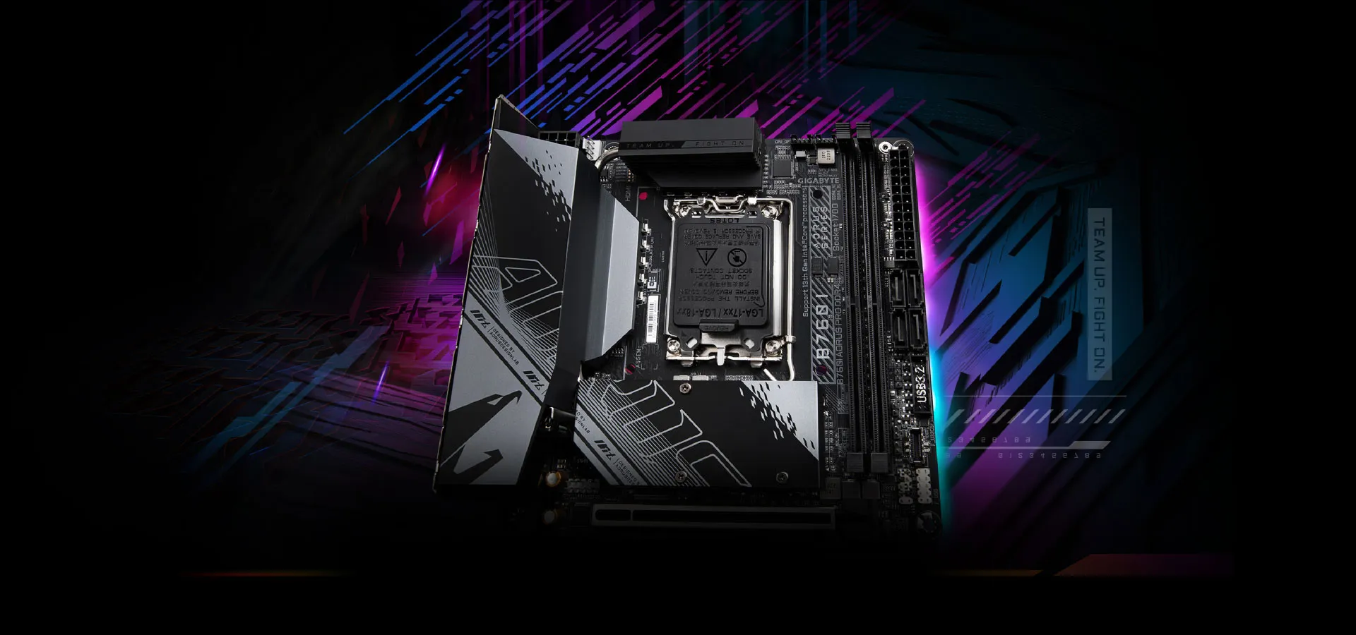 A Gigabyte mini-ITX motherboard with graphics at the back.