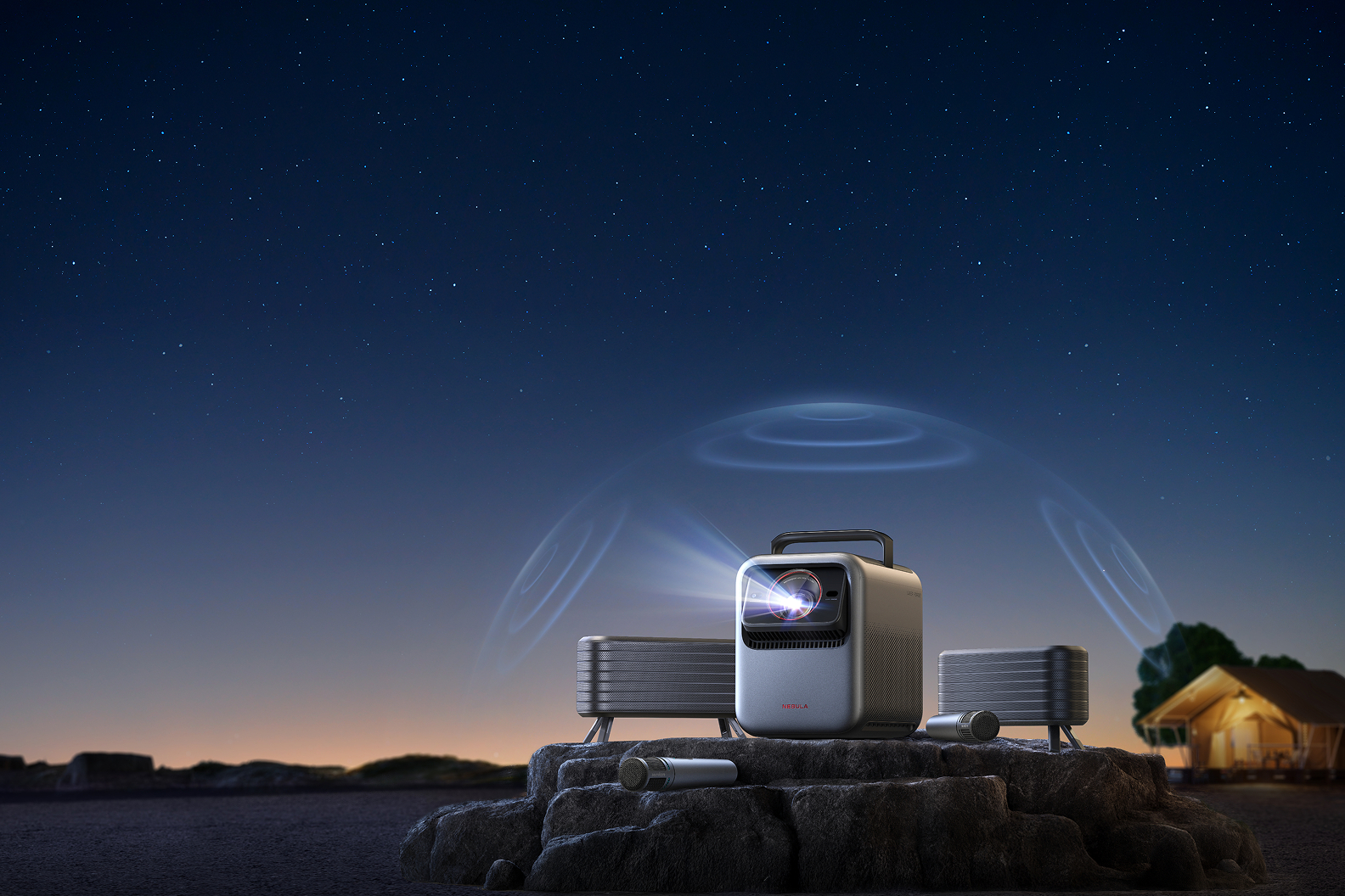 جهاز العرض الخارجي Nebula X1 مع مكبرات الصوت اللاسلكية التابعة له.