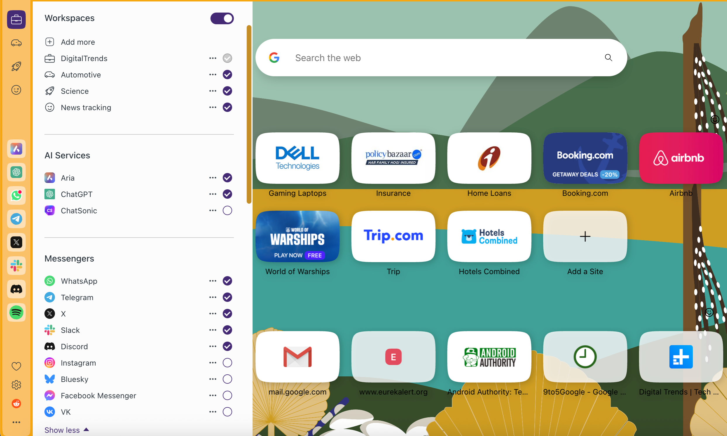 Sidebar controls in Opera browser.