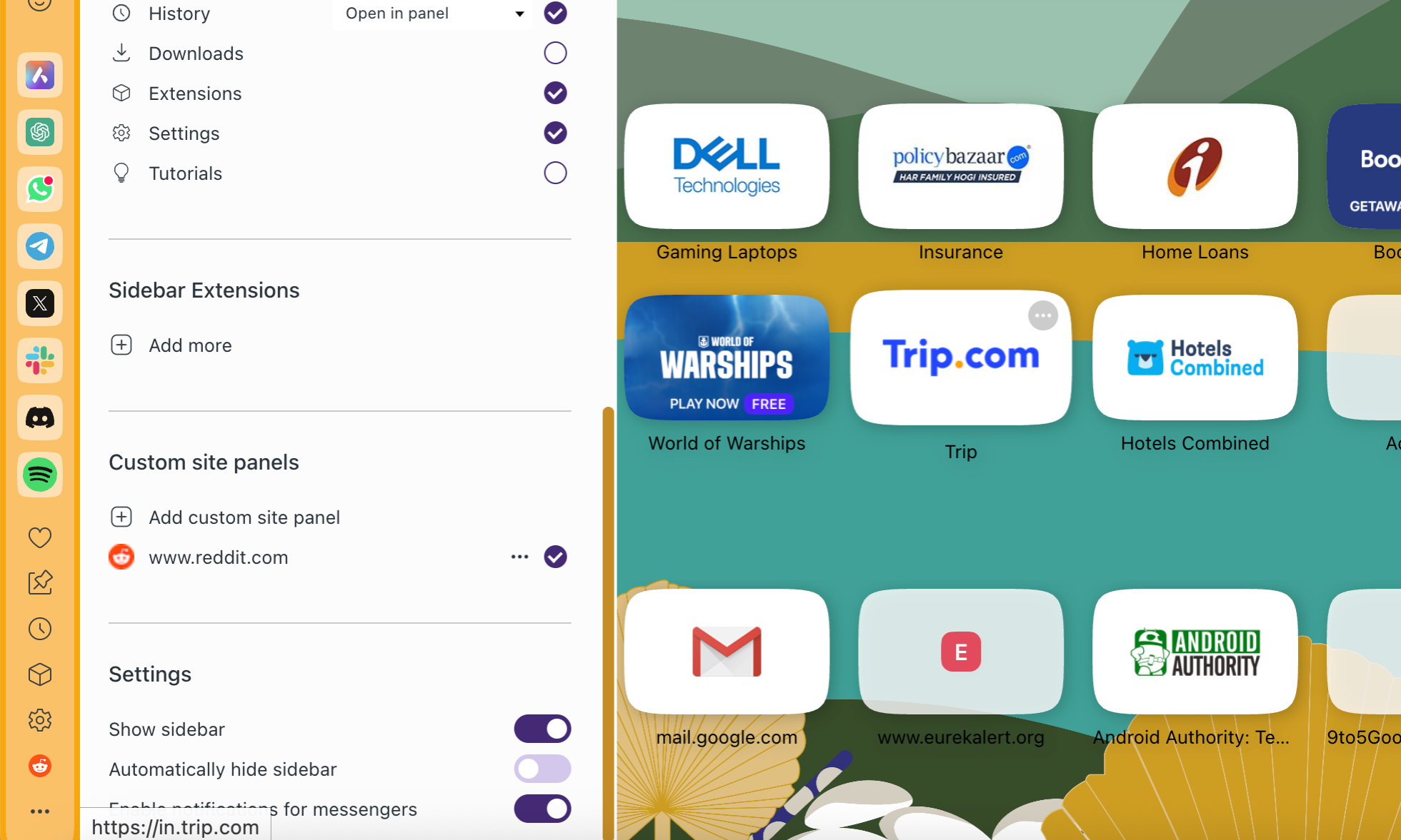 Sidebar tools in Opera browser.