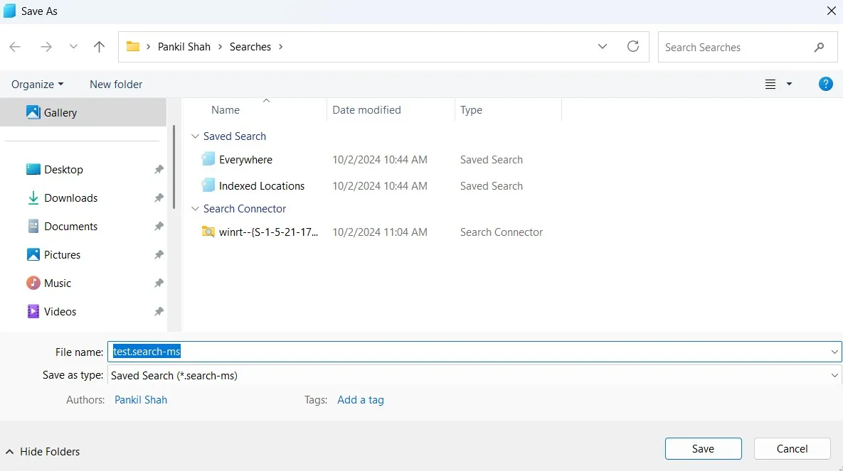 خيار حفظ البحث في مستكشف الملفات