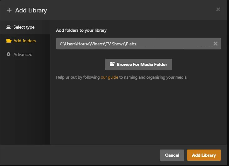 Screenshot of Plex Media add library browse for media files