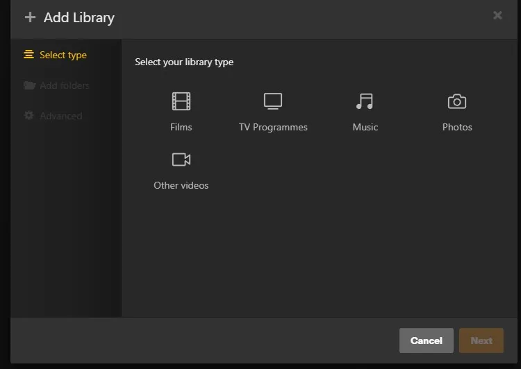 Screenshot of Plex Media server add library options