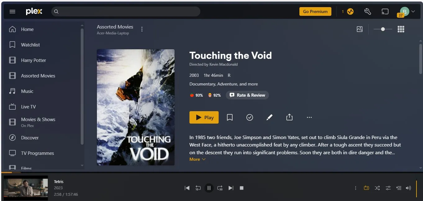لقطة شاشة لـ Plex Media Server أثناء العمل