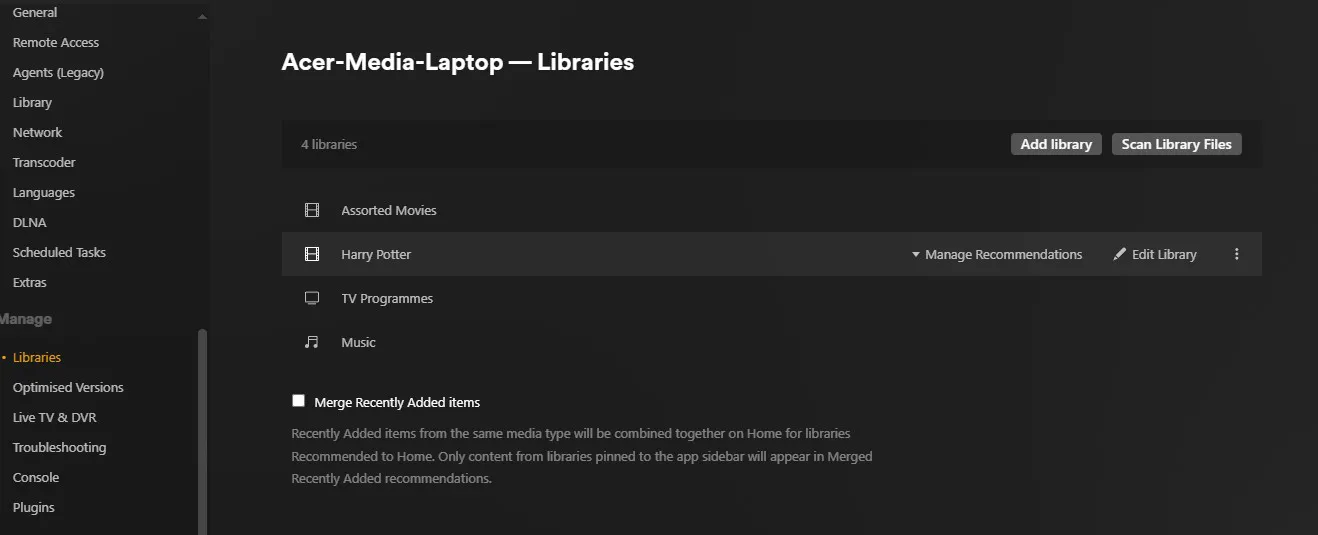 Screenshot of Plex Media server manage libraries