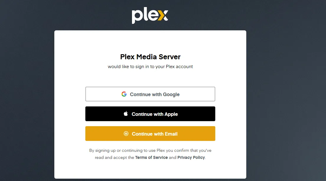 Screenshot of Plex sign up page