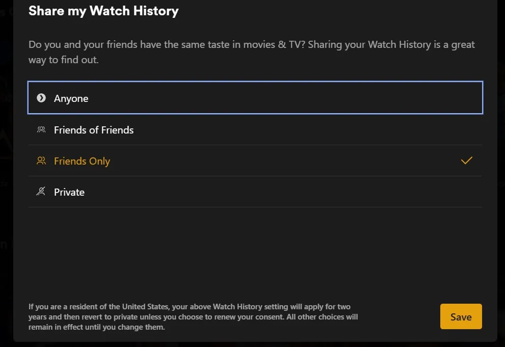 Screenshot of sharing options